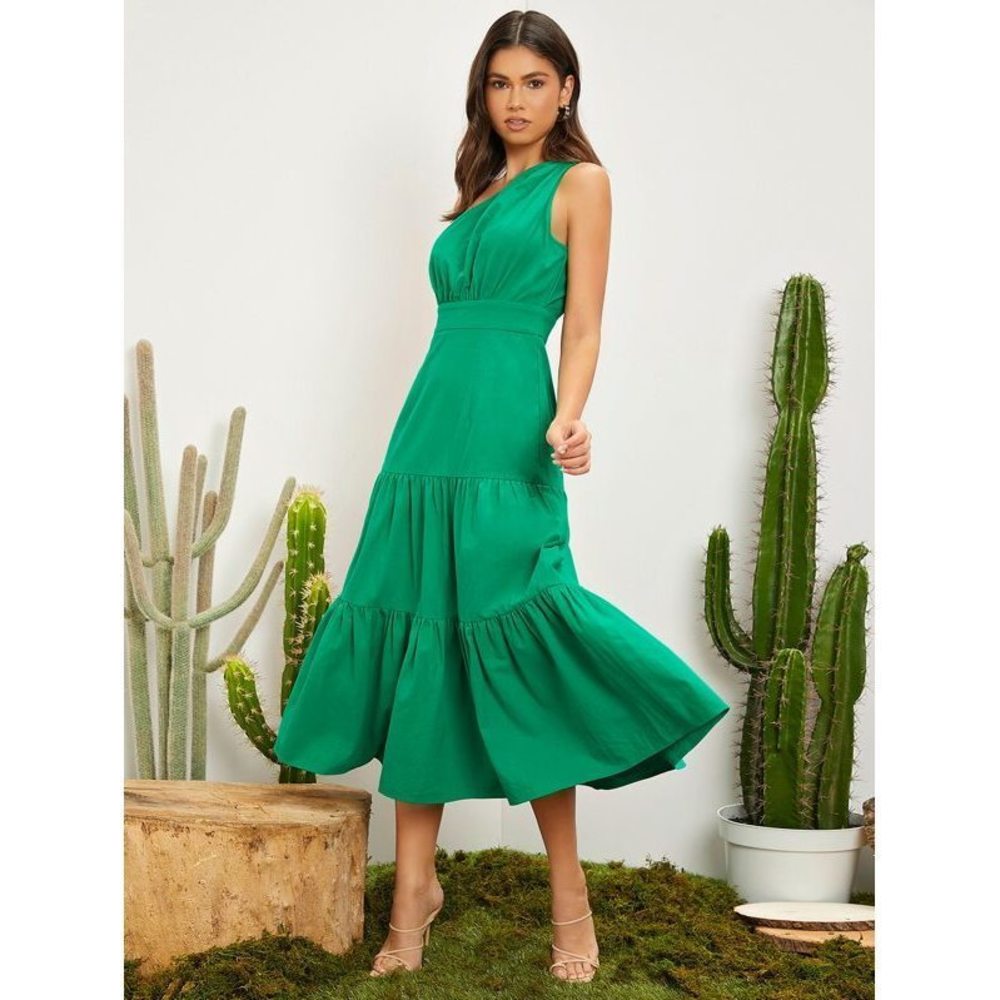 Designer Womens One Shoulder Ruffle Hem Dress Size:Large Color:Green
